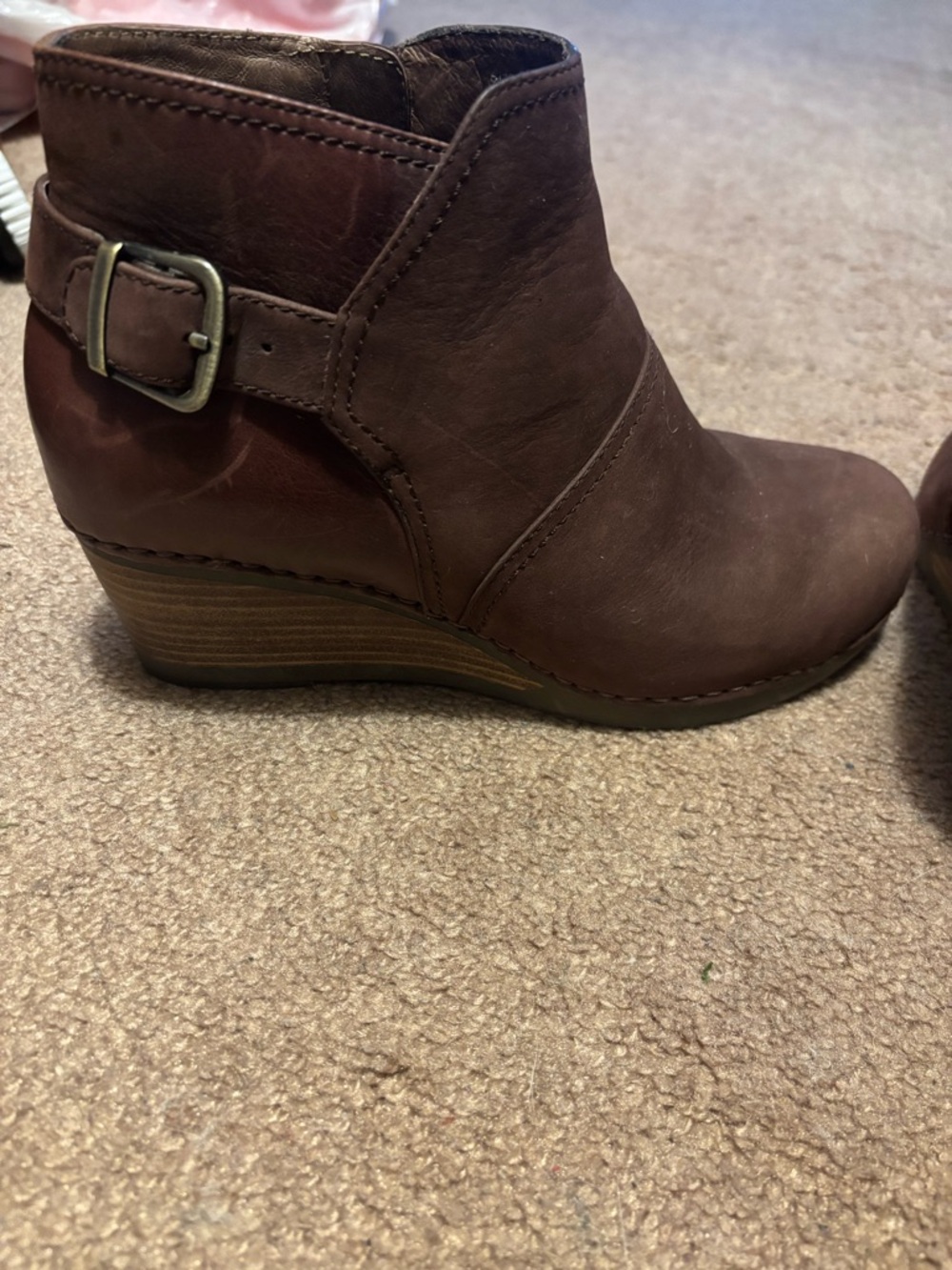 Dansko Burgundy Leather Wedge Ankle Boot with Buckle